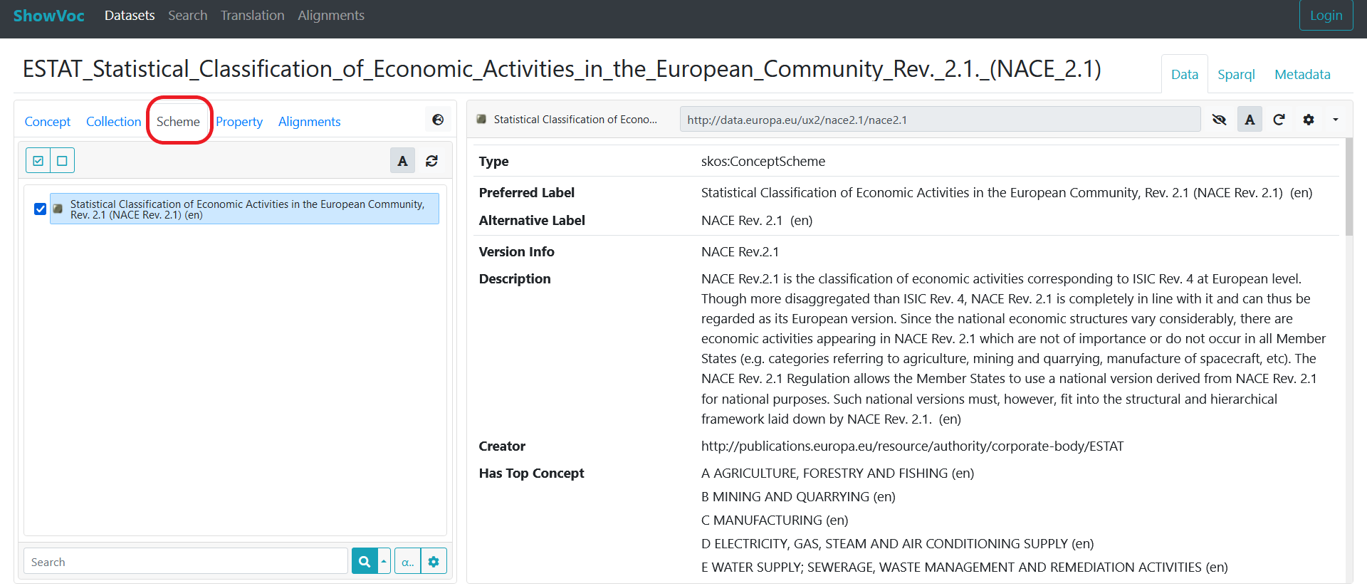 NACE classification scheme in ShowVoc